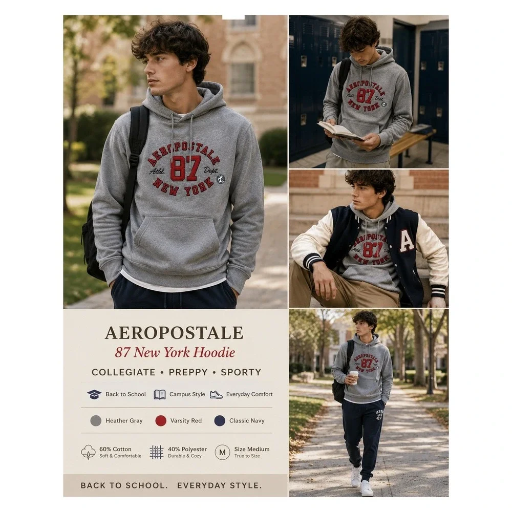 Aeropostale 87 Hoodie M NWT Gray Varsity Collegiate Y2K Back to School
